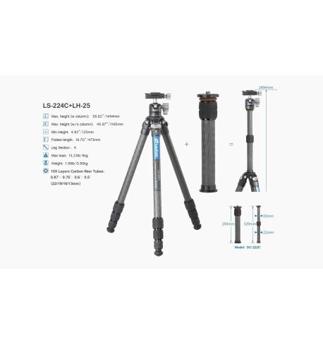 LEOFOTO KIT TRÍPODE DE CARBONO LY-224C NEGRO Y ROTULA LH-25