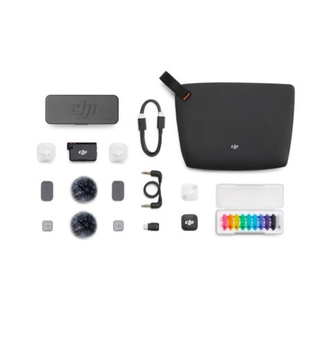 Micrófono inalámbrico compacto DJI con 2 transmisores, 1 receptor, audio 48 kHz/24 bits y estuche de carga.