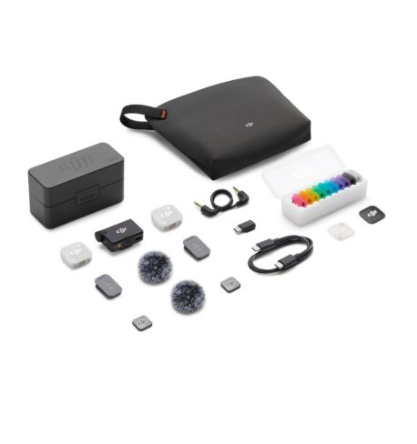 Micrófono inalámbrico compacto DJI con 2 transmisores, 1 receptor, audio 48 kHz/24 bits y estuche de carga.