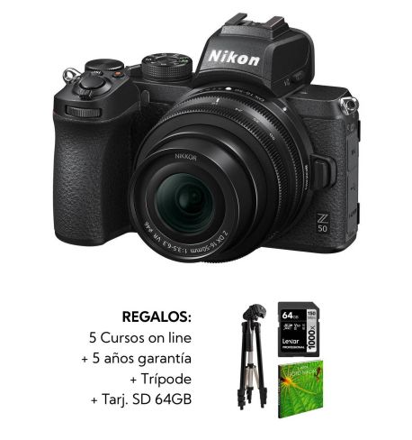 NIKON Z50 +16-50mm VR F3.5-6.3 + Kit: SDXC 64GB X1000 + trípode + 5 cursos